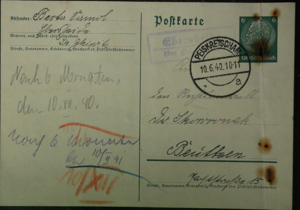 Niemcy Bytom-Pyskowice kartka pocztowa 1940 r. (19