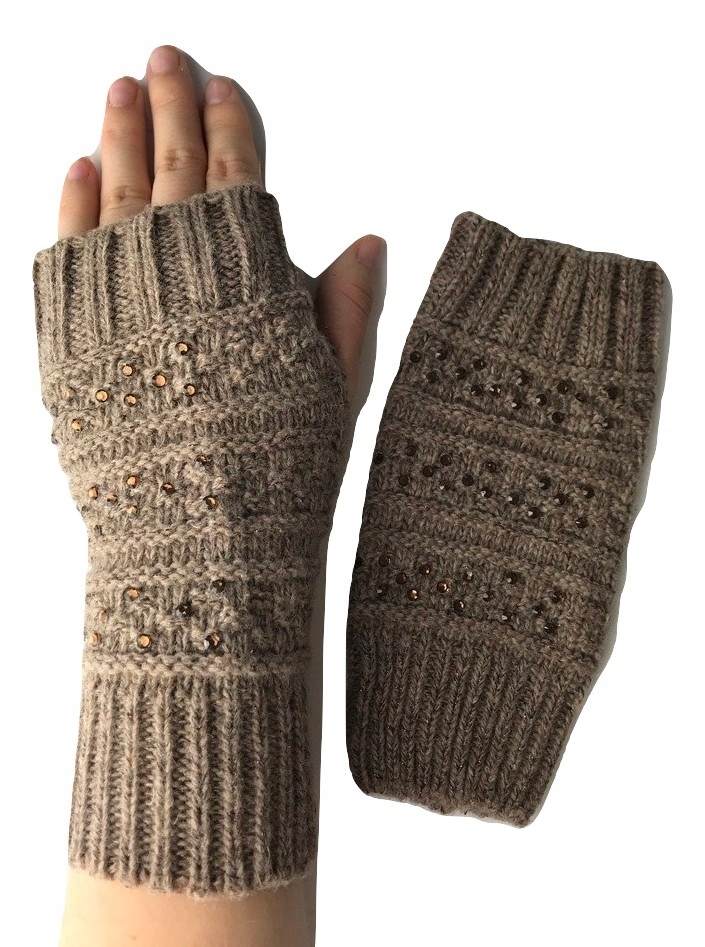rękawiczki damskie zimowe mitenki brązowe cyrkonie