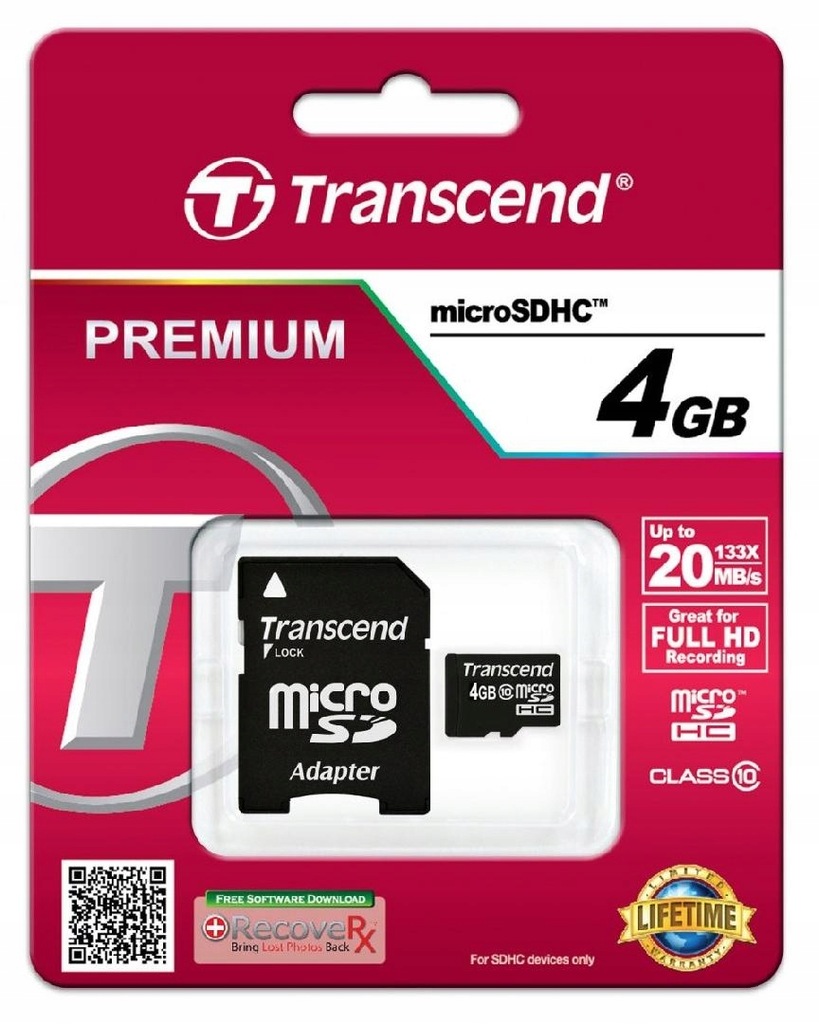 TRANSCEND microSD 4GB Class10 + adapter PREMIUM