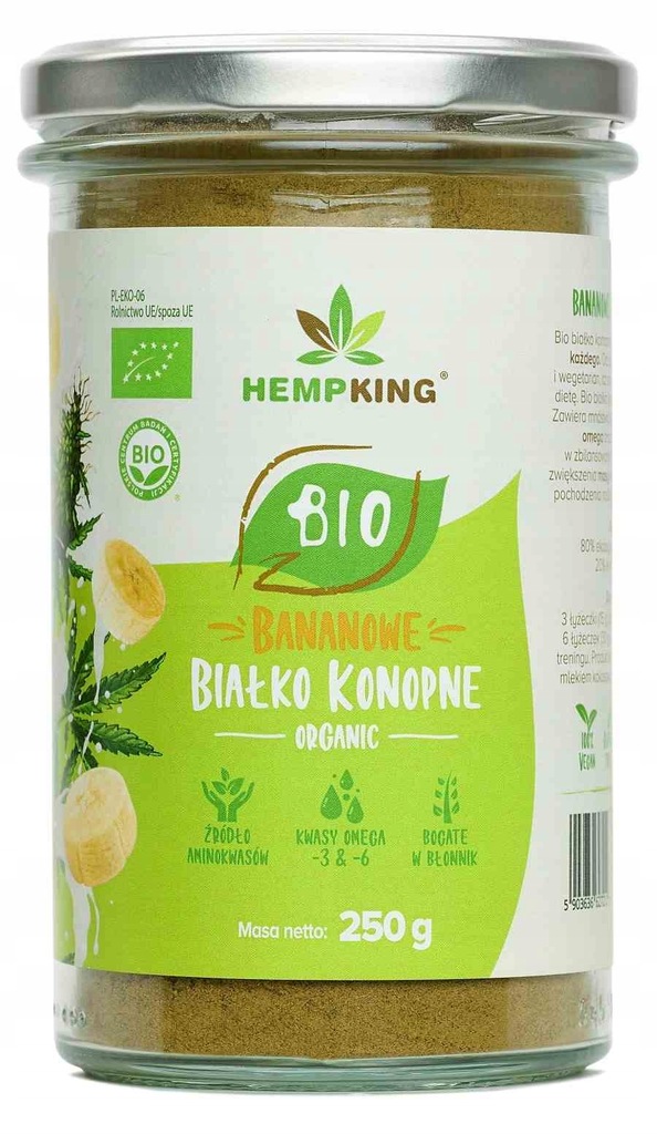 BIAŁKO KONOPNE BANANOWE BEZGLUTEN BIO 250 HEMPKING