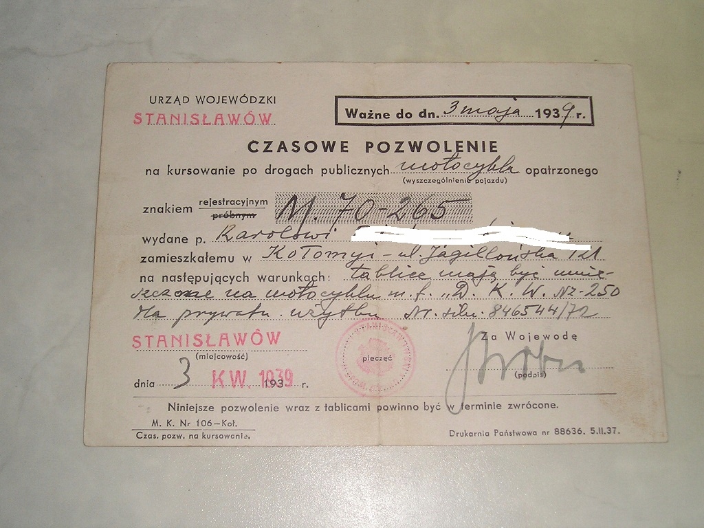 CZASOWE POZWOLENIE NA MOTOCYKL D.K.W. STANISŁAWÓW KOŁOMYJA1939 ROK