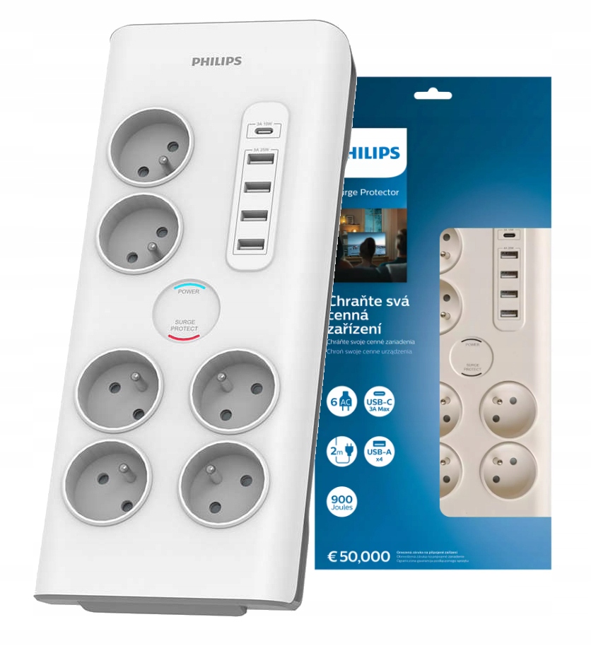 Купить Удлинитель Philips 2 м, 6 розеток + USB A и C: отзывы, фото, характеристики в интерне-магазине Aredi.ru