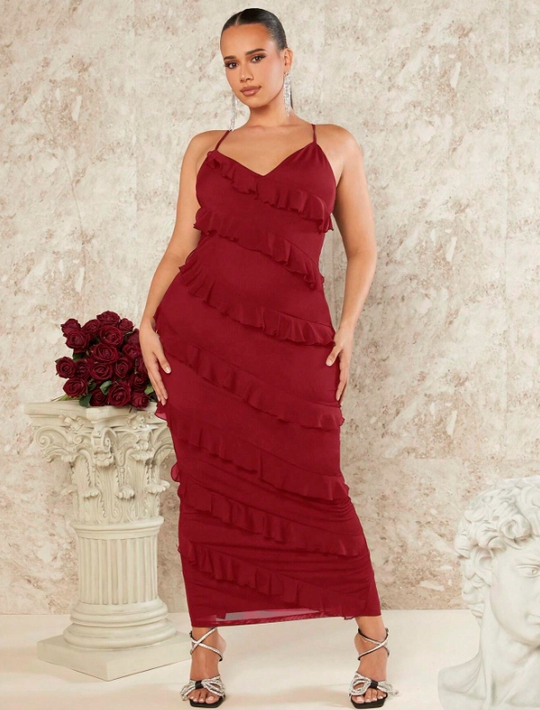 SHEIN POLIESTER SUKIENKA MIDI CZERWONA NA RAMIĄCZKACH FRĘDZLE XL 639