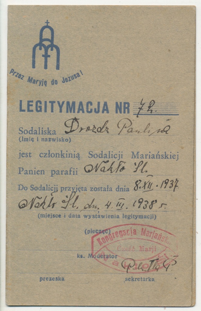 Legitymacja Kongregacja, Nakło Śl. 1938 r. (434)