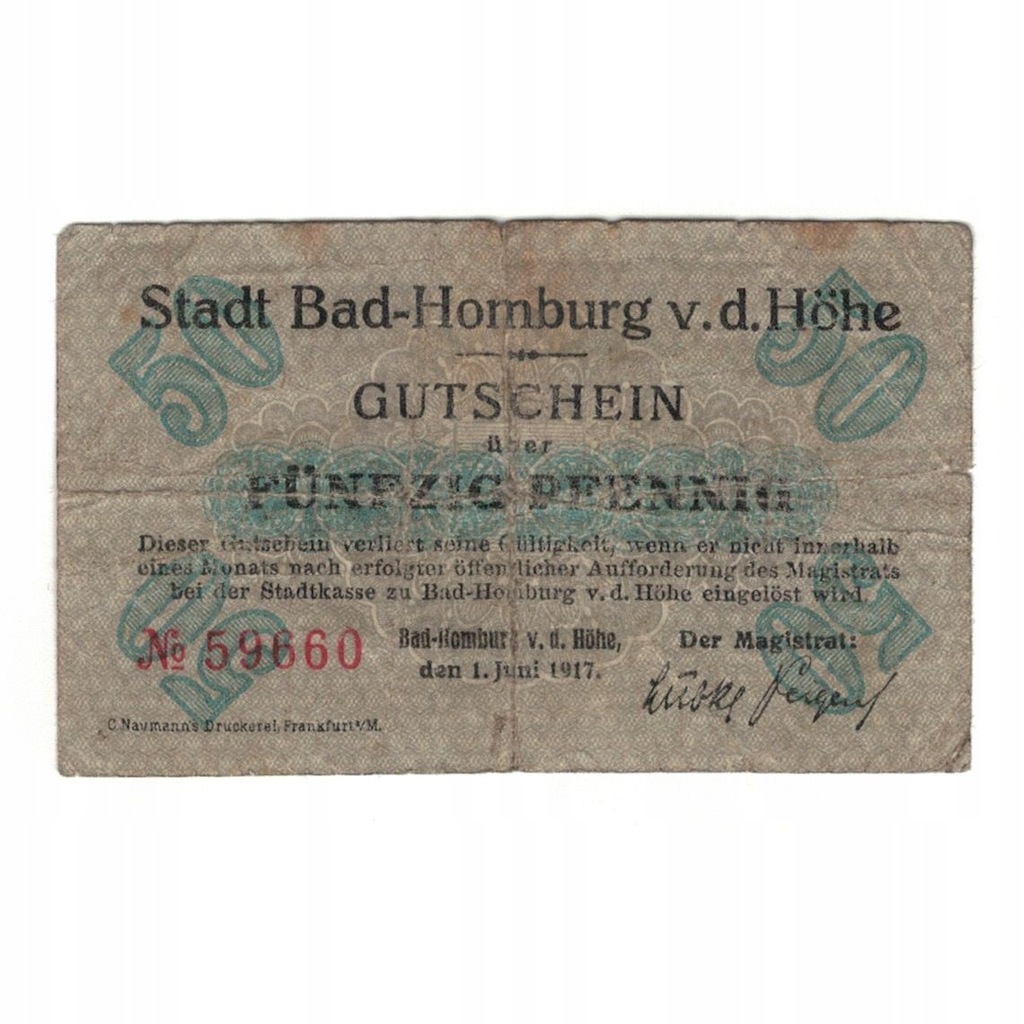 Banknot, Niemcy, Homburg v.d.H Bad Stadt, 50 Pfenn