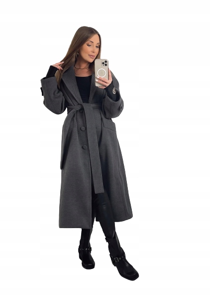 LIVI Elegancki PŁASZCZ Oversize TRencz Maya Jodełka Maxi Szary Nowość XS/34