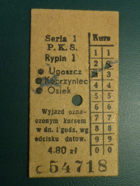 Bilet PKS,Rypin-Ugoszcz- Kobrzyniec-Osiek,1959r.