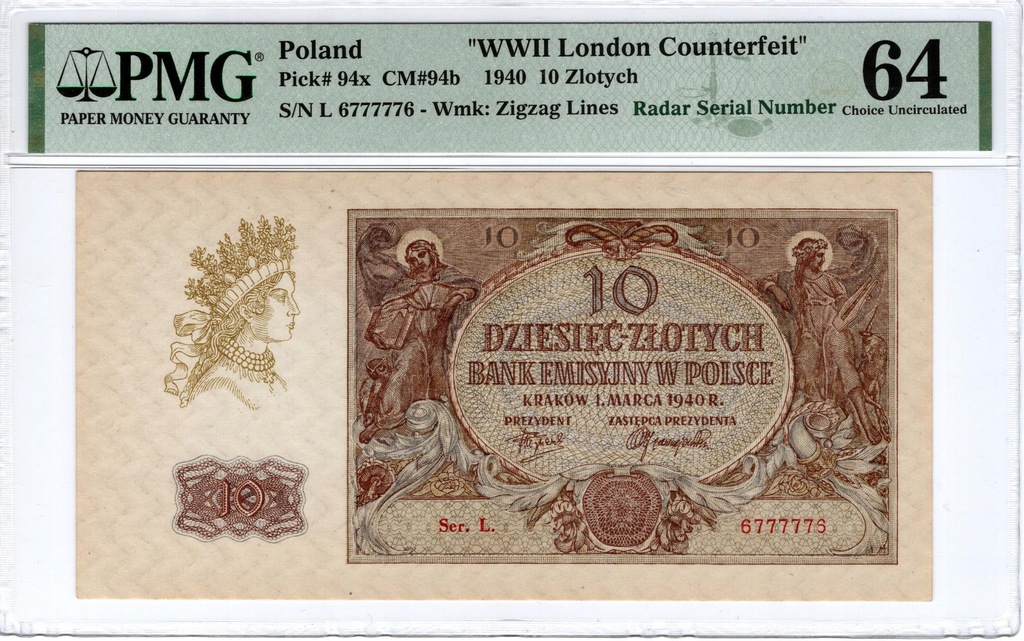 10zł 1940-L 6777776 - " WWII London Counterfeit " RADAR PMG 64 EPQ RZADKOŚĆ