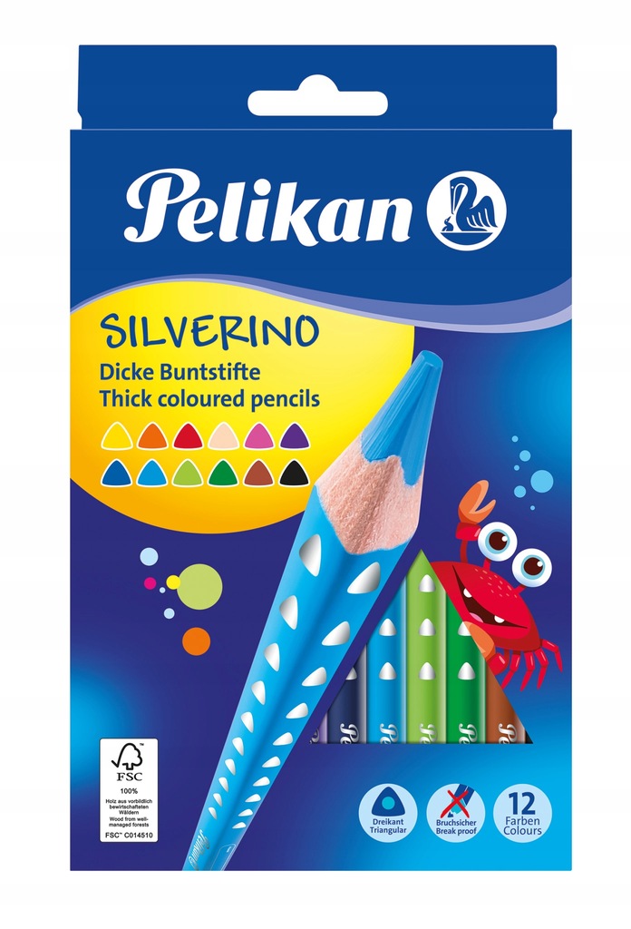 Kredki Pelikan silverino trójkątne grube 12 koloró