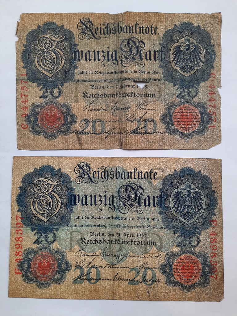 Banknot 20 marek 1908 r. 1910 r. 2 szt.