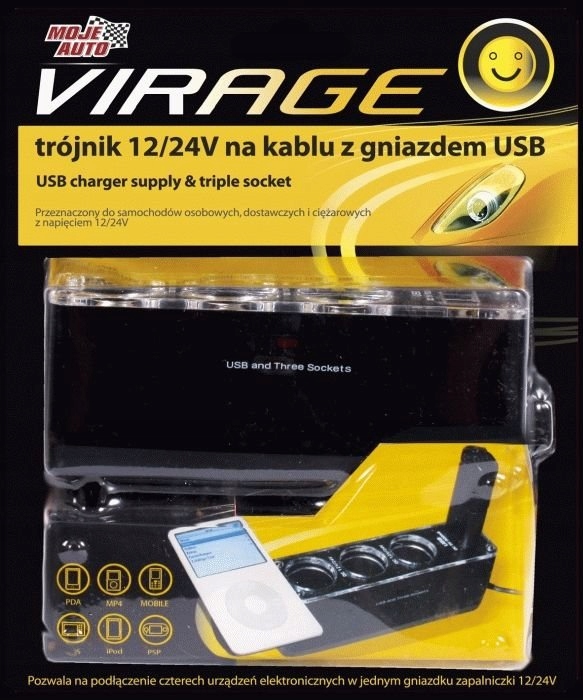 TROJNIK 12/24V NA KABLU Z GNIAZDEM USB