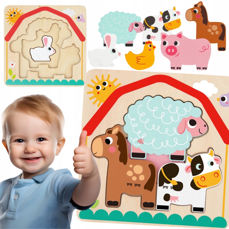 TOOKY TOY Drewniane Puzzle Montessori Wielowarstwowe Tablica Zwierzątka na