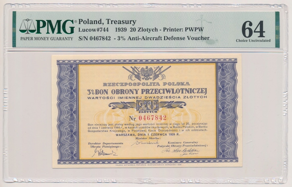 8038. 3% Bon Obrony Przeciwlotniczej 20 zł 1939 rok - PMG 64
