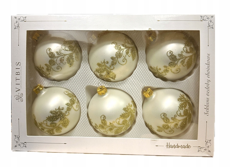 VITBIS Szklane bombki ręcznie dekorowane 8 cm zestaw 6 szt. Biały ze złotym