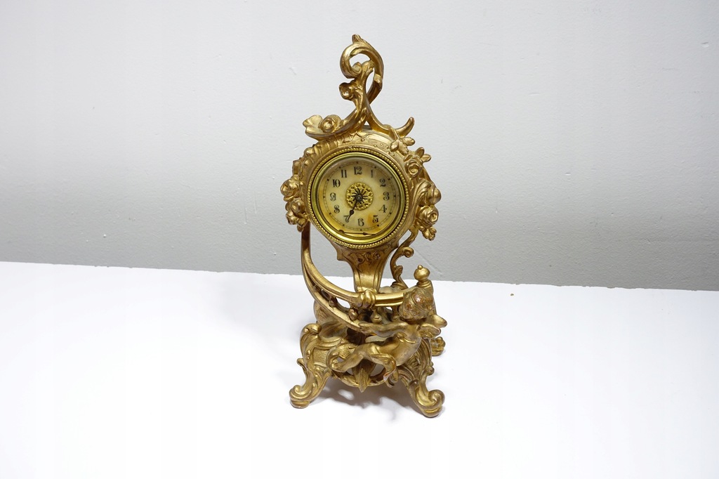 Stary Mosiężny Zegar Kominkowy Motyw z Aniołem 22cm