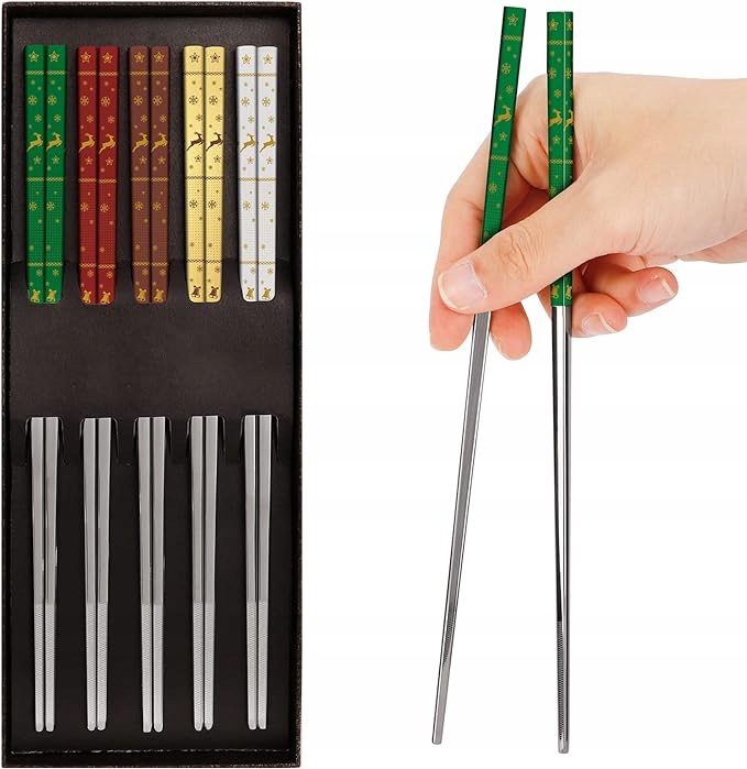 5 PAR METALOWYCH PAŁECZEK WIELOKROTNEGO UŻYTKU, STAL NIERDZEWNA, SWIĄTECZNE