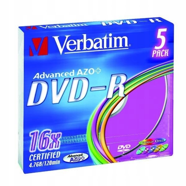 Verbatim DVD-R, Colour, 43557, 4.7GB, 16x, slim box, 5-pack, bez możliwości