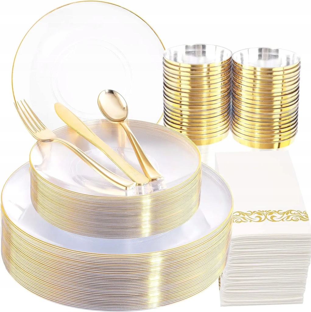 Nervure 350PCS White and Gold Plastic Plates & Pre Rolled Napkins with