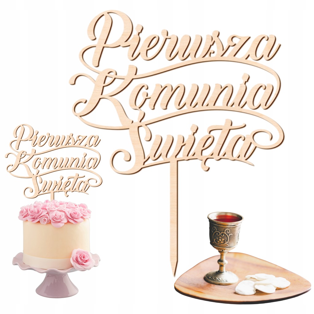 Topper na Komunie Świętą napis na tort I Komunia Święta zawijany napis