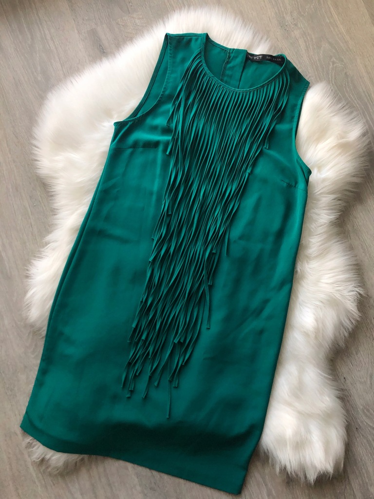 Zielona sukienka Zara Basic XS S frędzle frędzelki