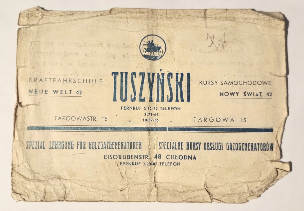 POLSKA Warszawa OKUPACJA Kurs Gazogeneratorów ZAŚWIADCZENIE 1943 rok