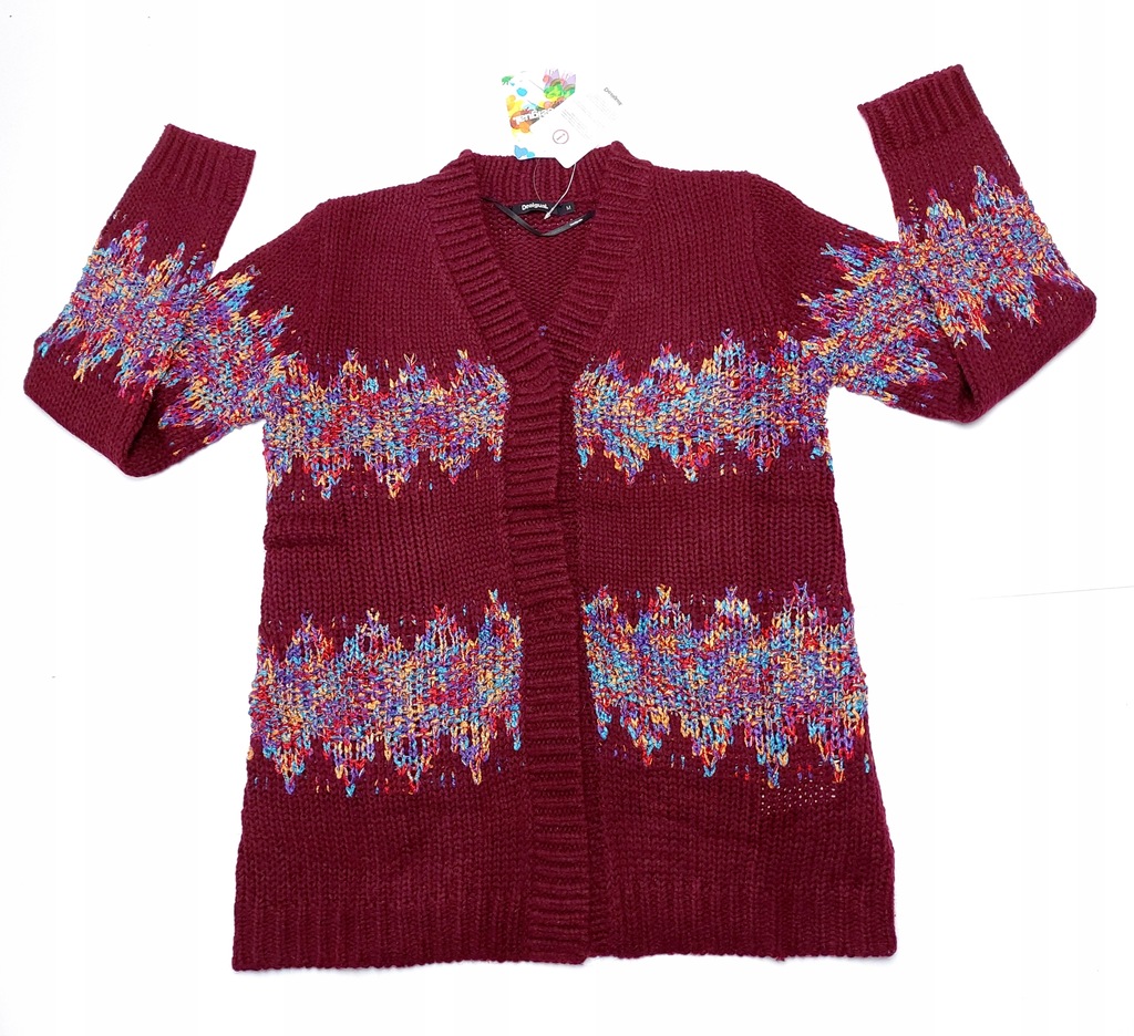 DESIGUAL bordowy kolorowy sweter ZATRZASKI M