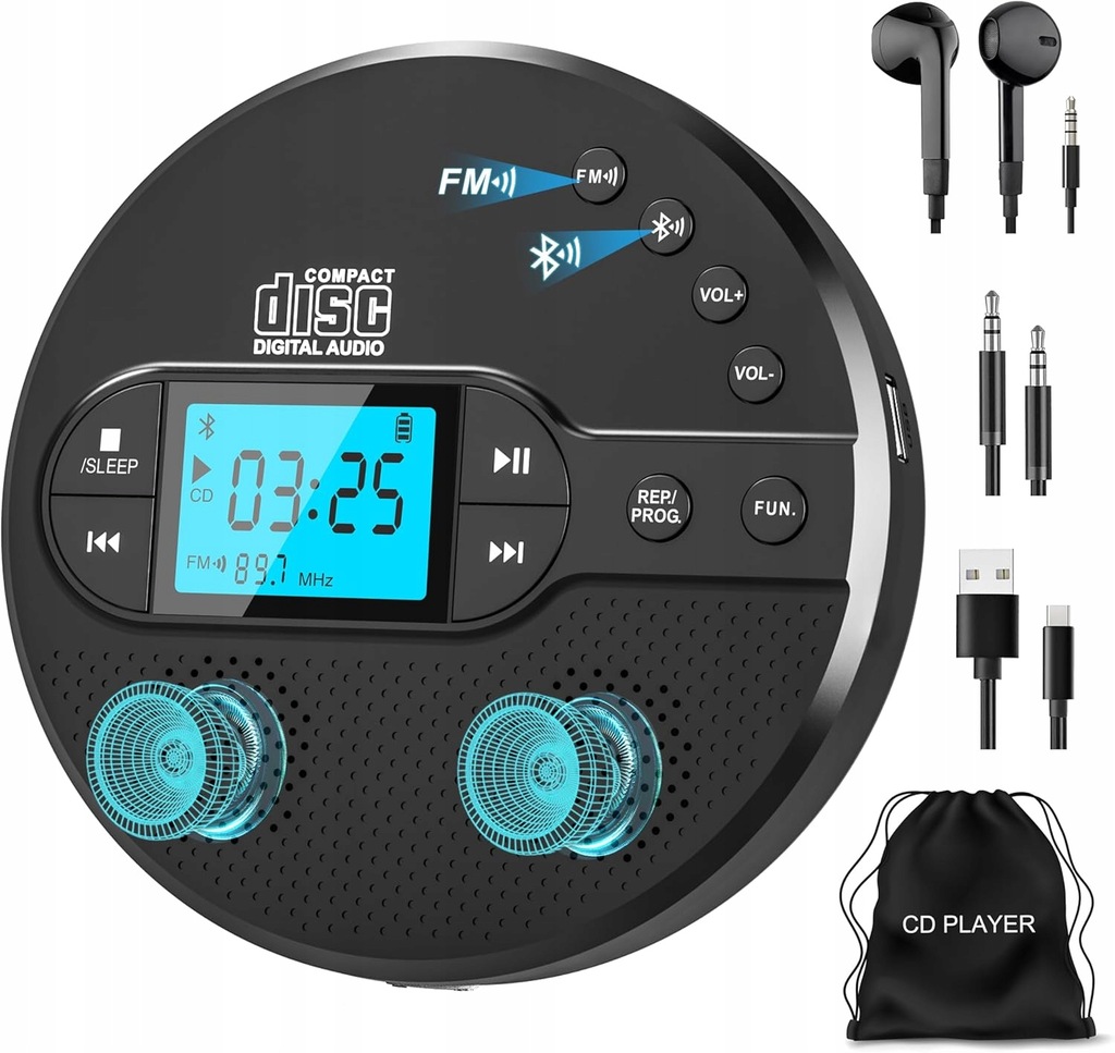 DISCMAN ODTWARZACZ CD 2000mAh FM AUX USB BLUETOOTH 5.1 LCD PODWÓJNY GŁOŚNIK