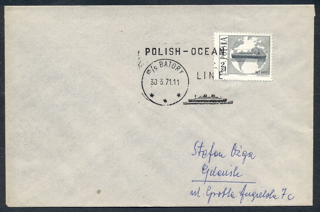 GDYNIA- 1971r. m/s BATORY -STEMPEL POCZTY MORSKIEJ