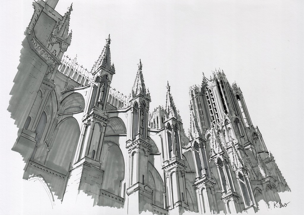 Rysunek Architektoniczny Odręczny Katedra Notre Dame w Reims A3 Oryginał