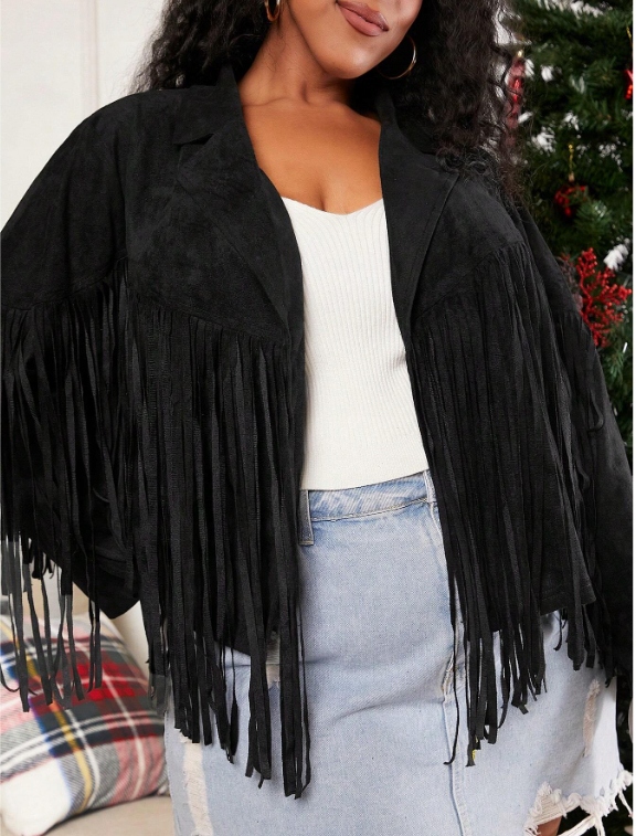 SHEIN KURTKA DAMSKA Z FRĘDZLAMI CZARNA DŁUGI RĘKAW XXS/XS 943