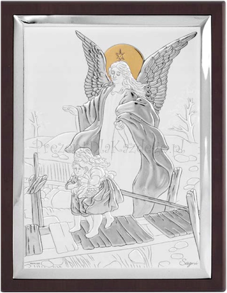 Srebrny obrazek Anioł Stróż kładka Pamiątka Chrztu