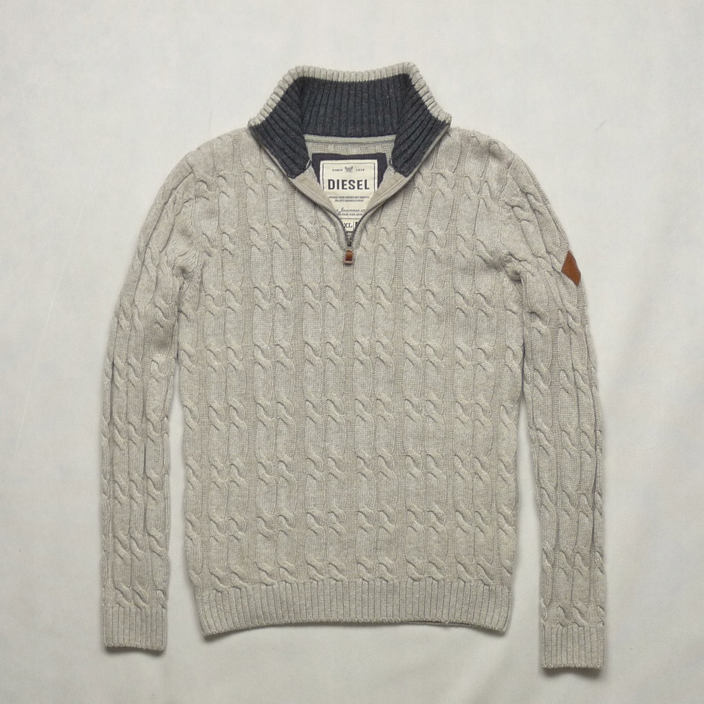 DIESEL szary męski sweter premium warkocz logo XL