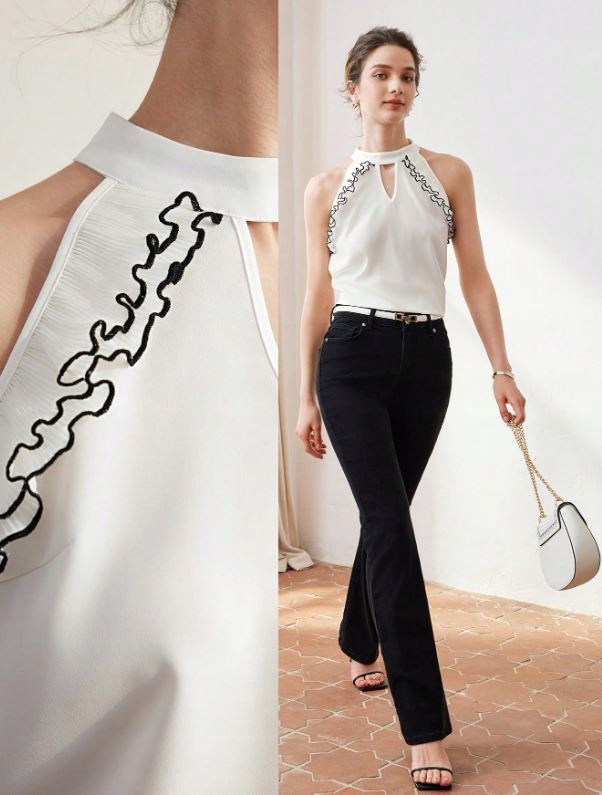 SHEIN BLUZKA BIAŁA Z FALBANKAMI BEZ RĘKAWÓW ELEGANCKA L 172