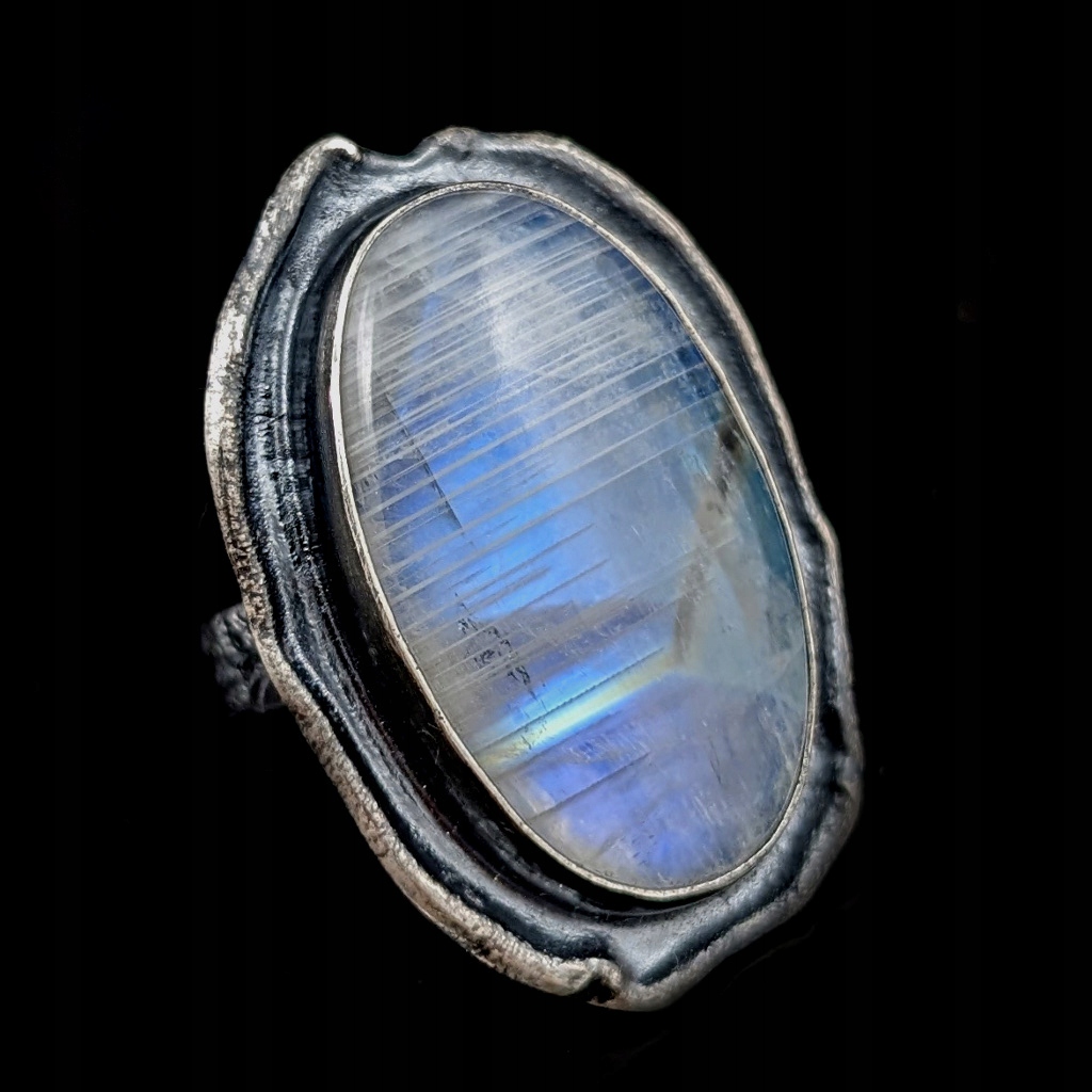 KAMIEŃ KSIĘŻYCOWY SREBRO SREBRNY BŁĘKITNY OKSYDA PIERŚCIEŃ NIEBO ZŁOCISTY