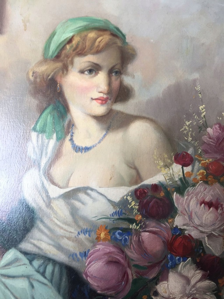 stary obraz olejny na płótnie kobieta i kwiaty