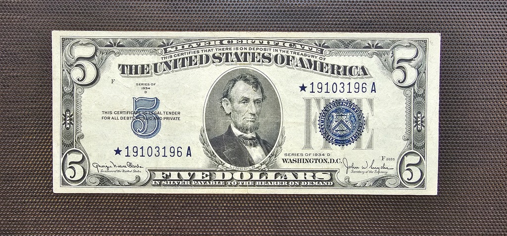 5 dolarów 1934 D z gwiazdką seria zastępcza POLECAM BLUE SEAL TOP RARE