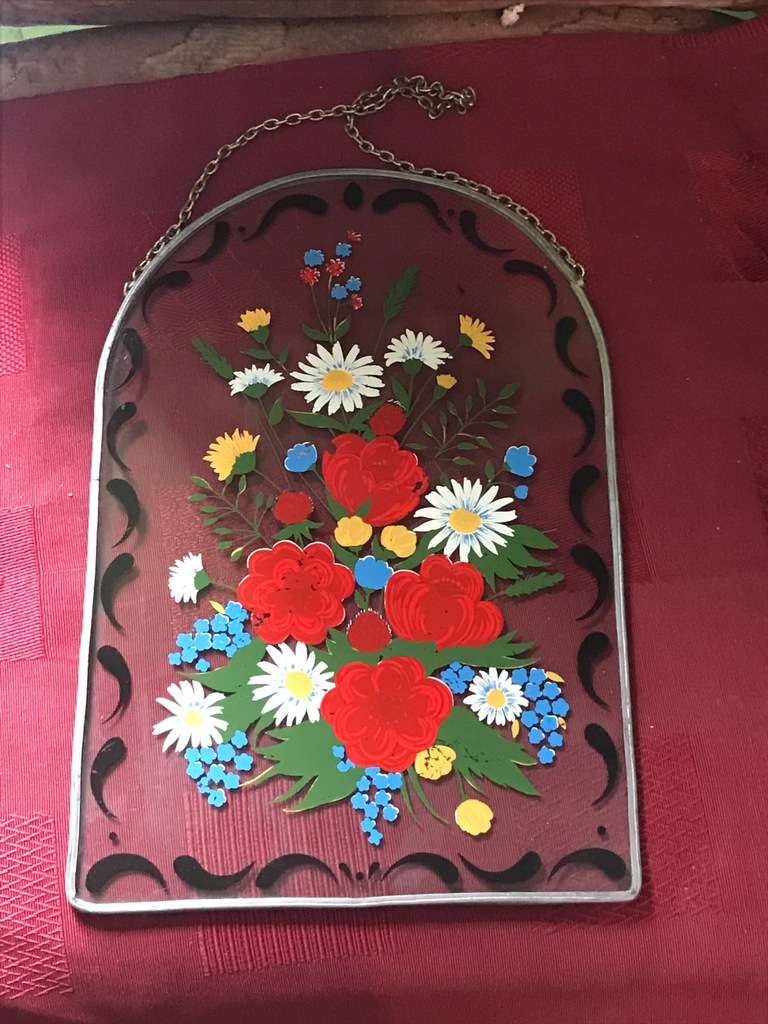 Witraż szklany malowany w kwiaty duży