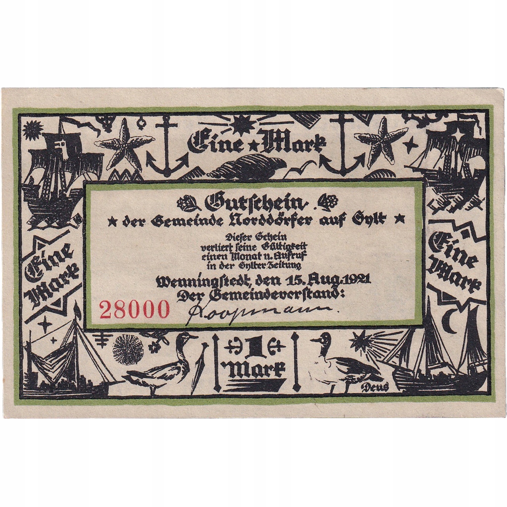 Banknot, Niemcy, Wenningstedt, 1 Mark, mer 1921-08