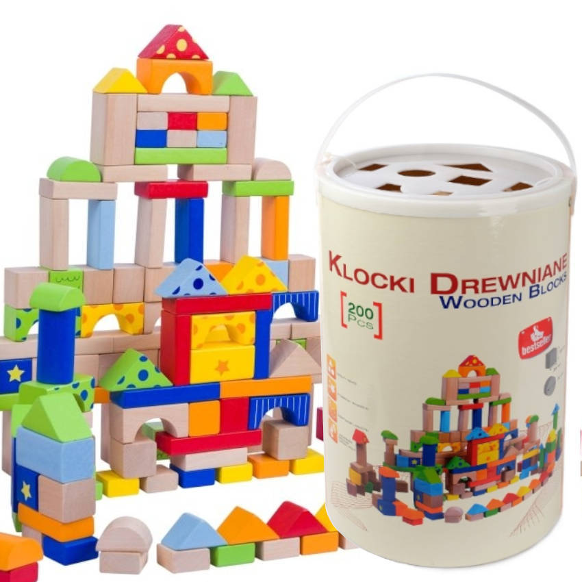 DREWNIANE KLOCKI W WIADERKU 200 szt Zestaw SORTER