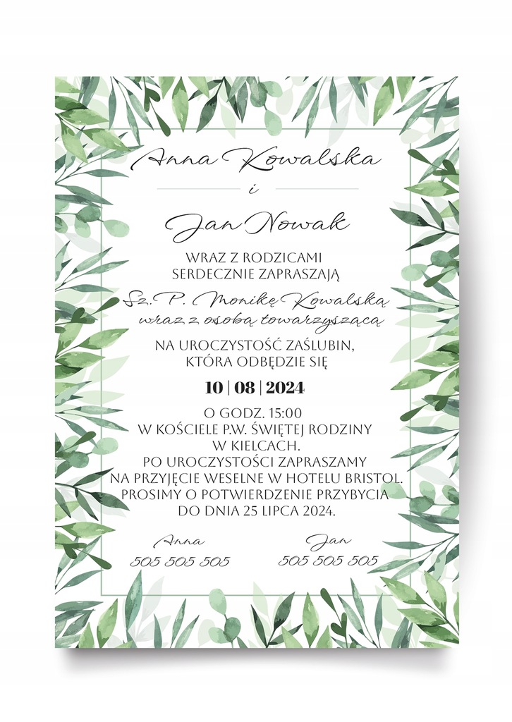 Zaproszenia na ślub jednostronne, odcienie zieleni - 10 szt, personalizacja