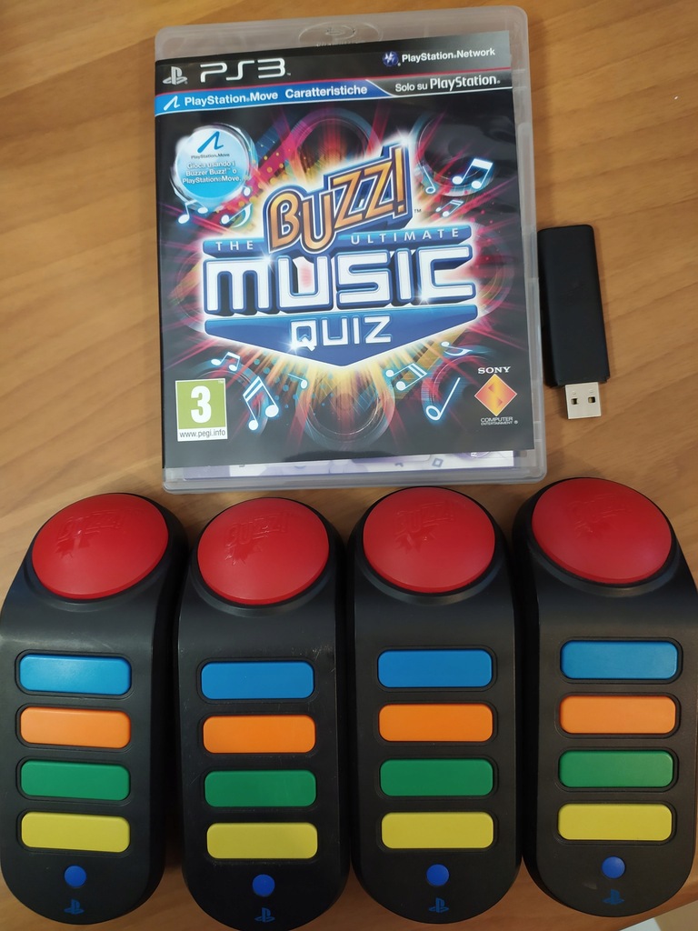 4 BUZZERY BEZPRZEWODOWE + GRA BUZZ MUSIC QUIZ PS3