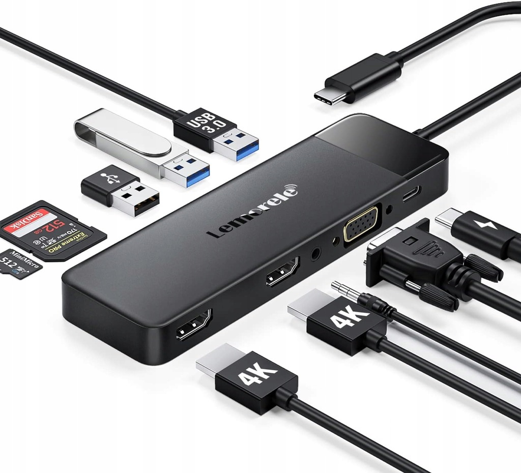 Stacja dokująca Lemorele 10 W 1 USB C HUB HDMI 4K 3 USB 3.0/2.0 VGA, SWITCH