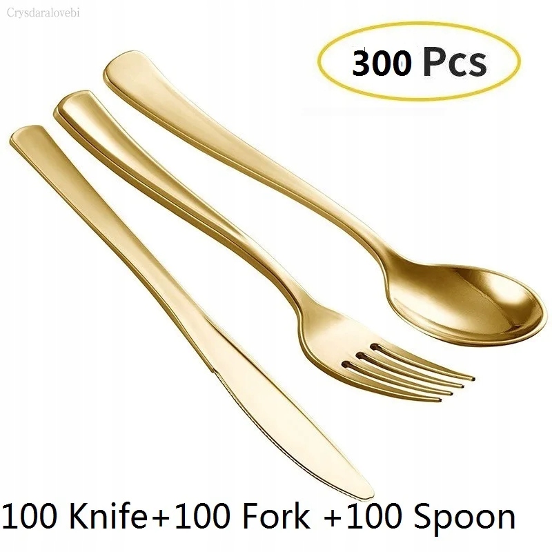 75-300pcs Disposable Gold Cutlery Plastic Wedding Party Tableware Set