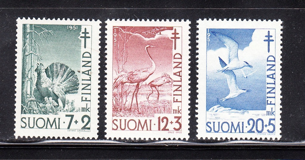 FINLANDIA **Mi 396-398 PTAKI seria z 1951