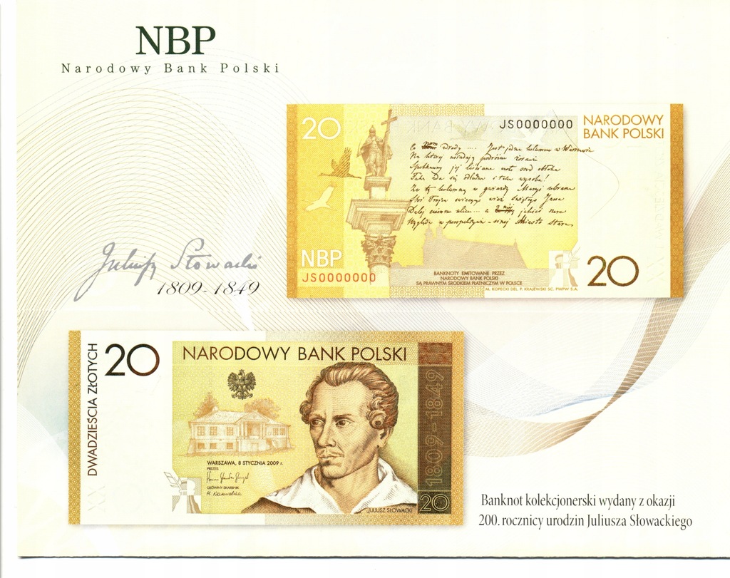 FOLDER 20 złoty 2009 JULIUSZ SŁOWACKI