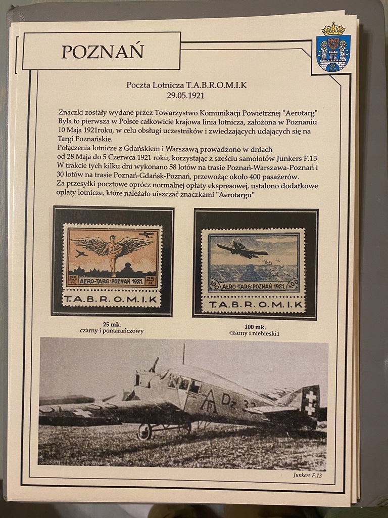 Poczta lotnicza TABROMIK 1921r na karcie