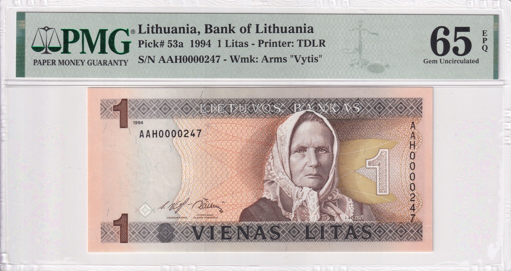 1 Litas Litwa 1994 PMG 65 EPQ seria AAH 0000247 niski numer
