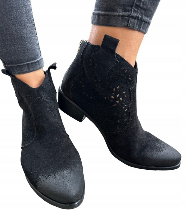 Botki czarne skóra zamsz niski obcas klocek ażur Exquisite 1130 Jula Style