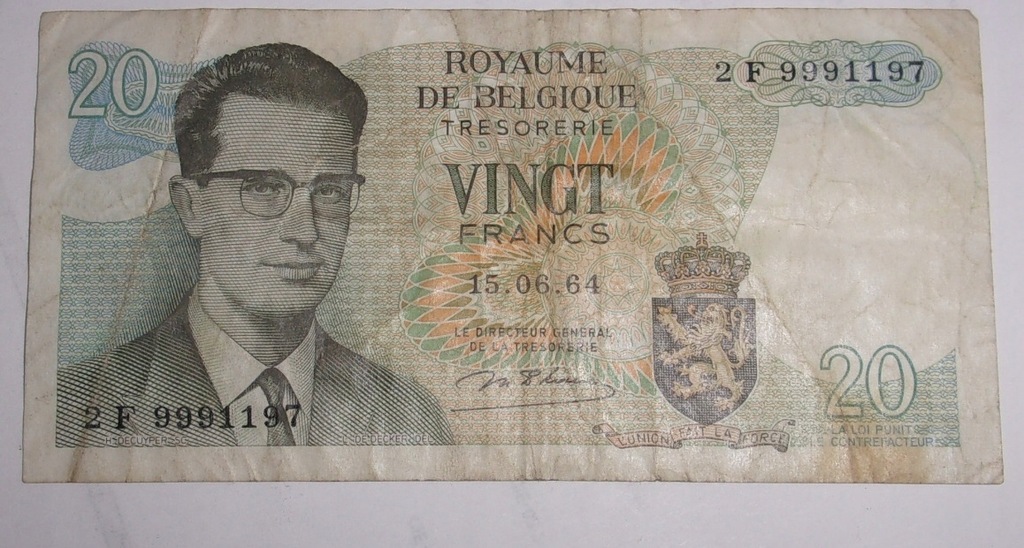 20 franków Belgia - Koninkrijk Belgie - banknot 1964 r.