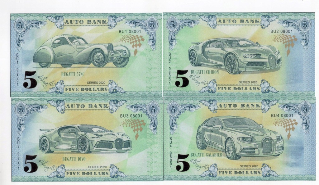 Banknoty fantazyjne samochody Bugatti 4 sztuki